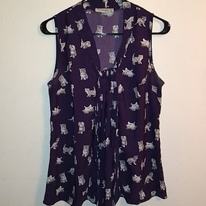Plum Kitten Print Sleeveless Blouse
